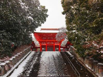 近江神宮は昭和15年の創建と比較的新しい神社ながら、例年お正月の参拝客は15万人にものぼるとされる初詣の超人気スポット。特に正月三ヶ日の間は大変な賑わいようとなります。 この美しい楼門の前にも、お正月の準備を始める12月13日の事始から松の内(関東では1月7日まで、関西では1月15日までのことが多い)までの期間は立派な門松も飾られ、華やかな彩が添えられます。